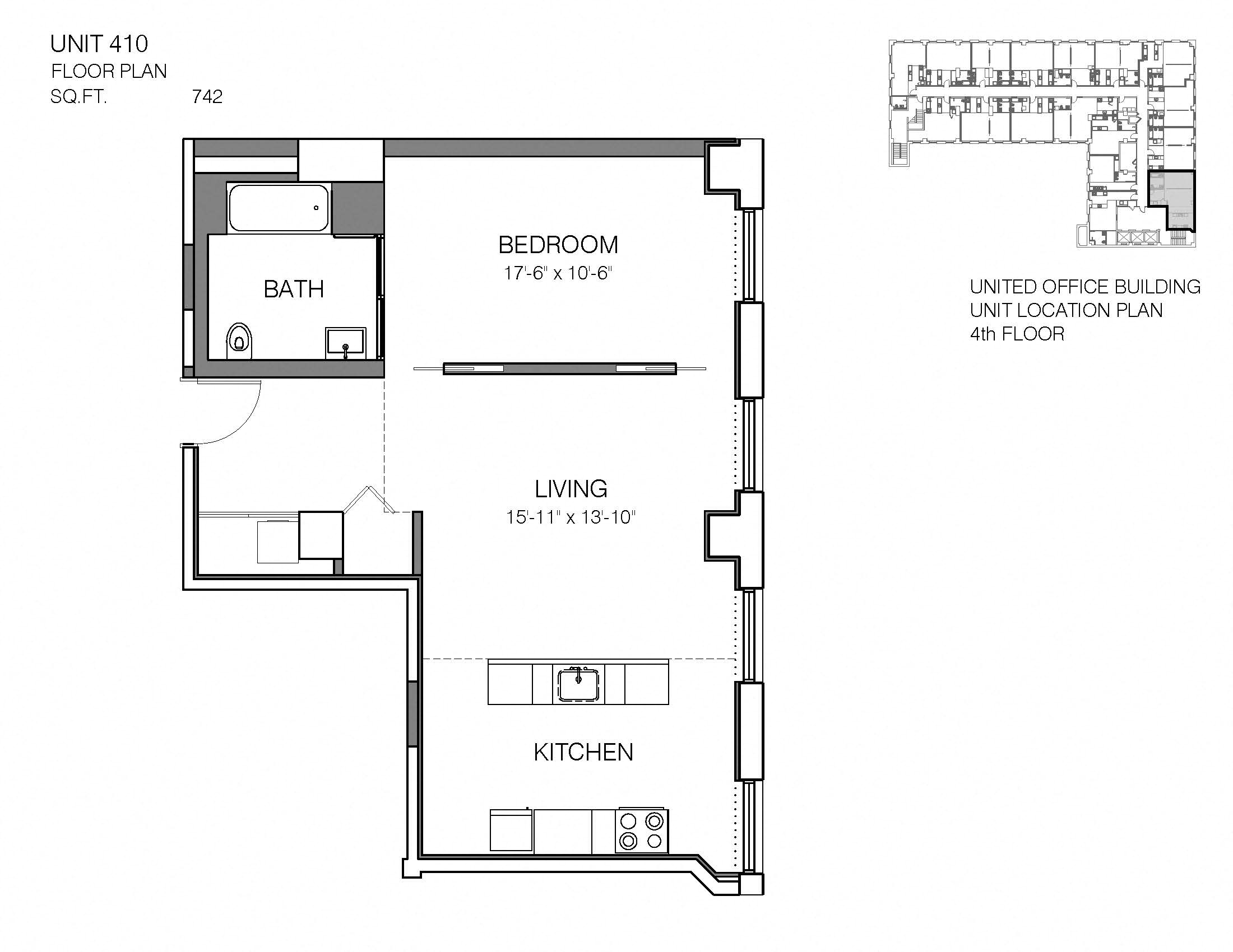 Floor plan for 1 bed, 1 bath, 742 sqft